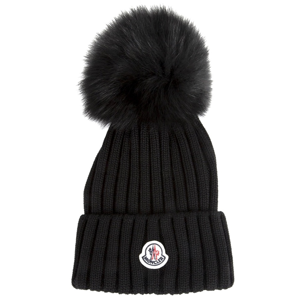 Moncler Fox Fur Pom-Pom Ribbed Wool Beanie- black